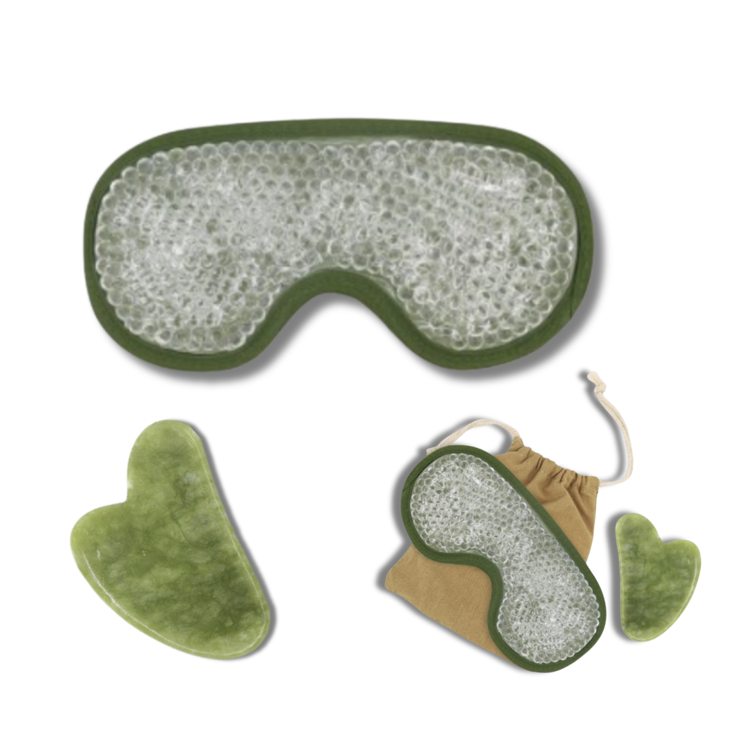Sun & Sia gel bead eye mask with jade gua sha stone and travel pouch on white background