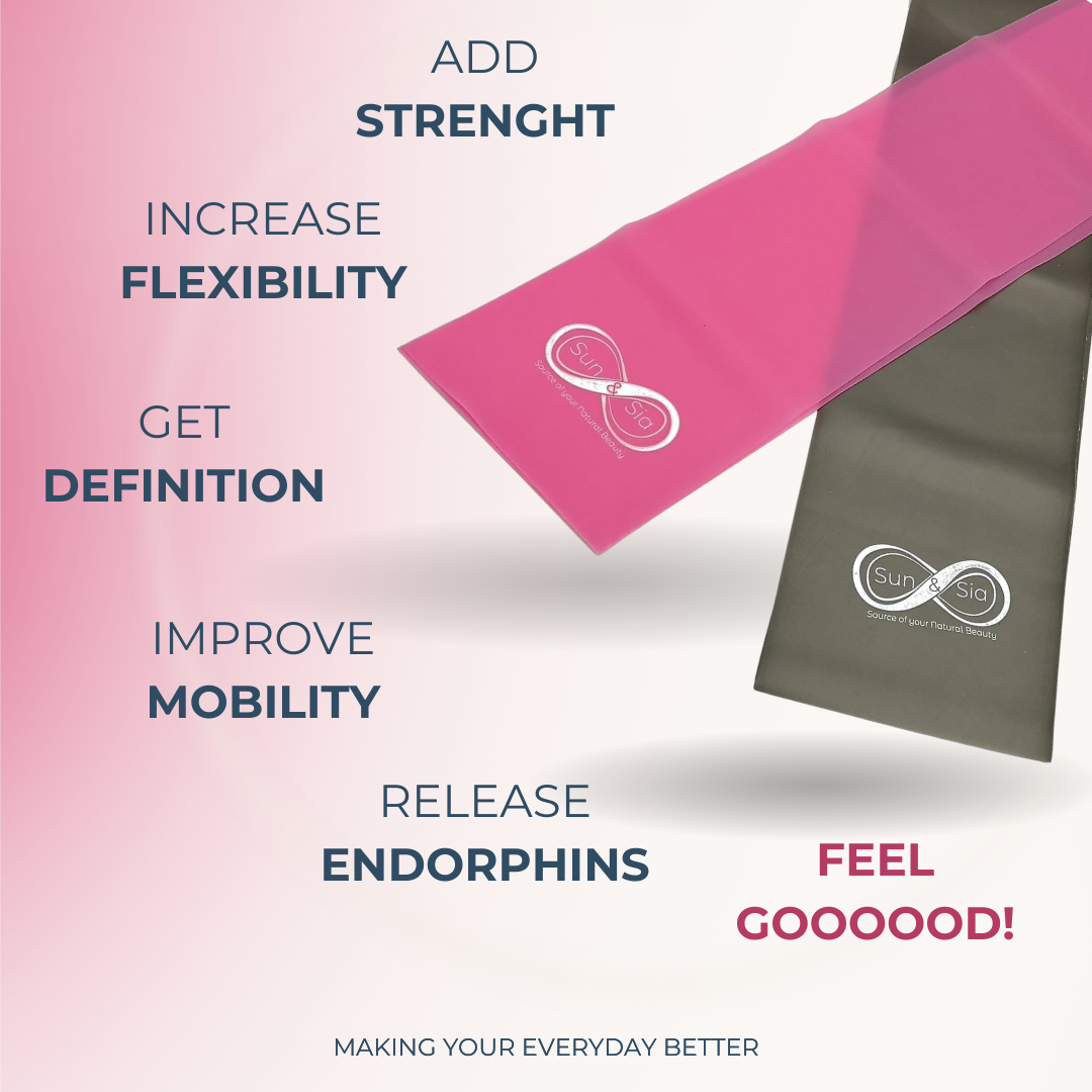 Sun & Sia pink and grey resistance bands floating on pink gradient background with benefits: strength, flexibility, definition, mobility