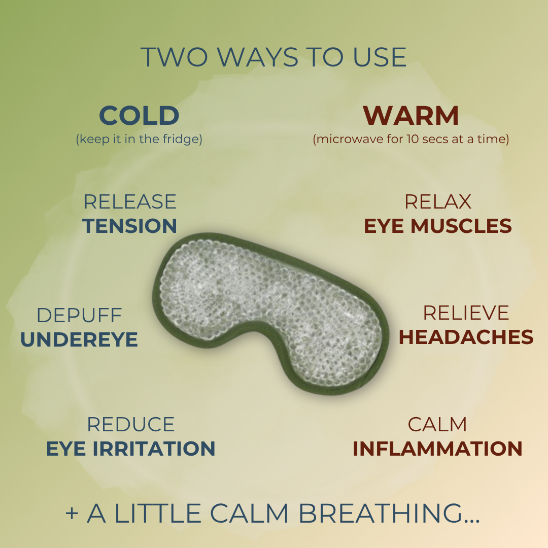 Hot and cold gel bead eye mask benefits infographic — use cold from fridge to depuff undereye and reduce eye irritation, or warm in microwave to relax eye muscles, relieve headaches, and calm inflammation