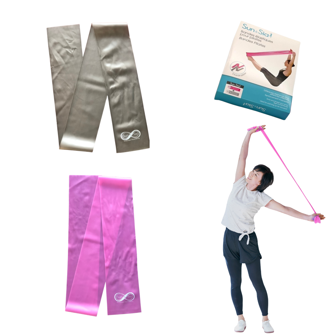Sun & Sia resistance bands set showing grey and pink bands, retail packaging box, and woman stretching with pink band overhead